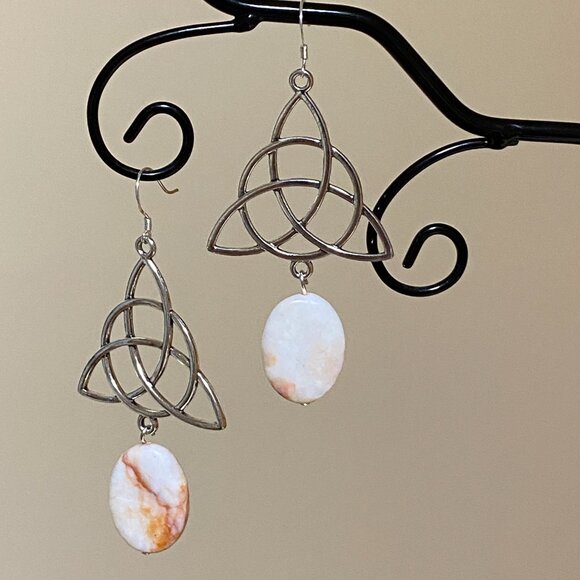 2/$20, Genuine Red Vein Marble Celtic Trinity Sterling Silver Dangle Earrings - Picture 6 of 9